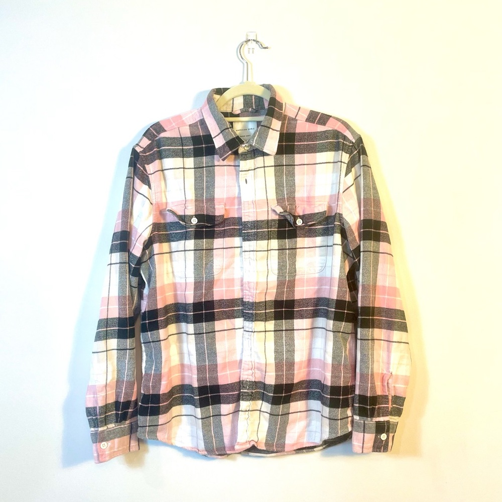 American Eagle Outfitters Pink and Black Plaid Casual Button Down Shirt